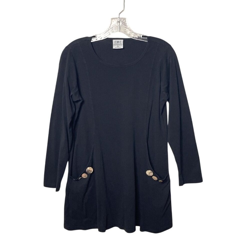 CMC Black Long-Sleeve Tunic Top Button Pocket Accents 100% Cotton USA Women's S
